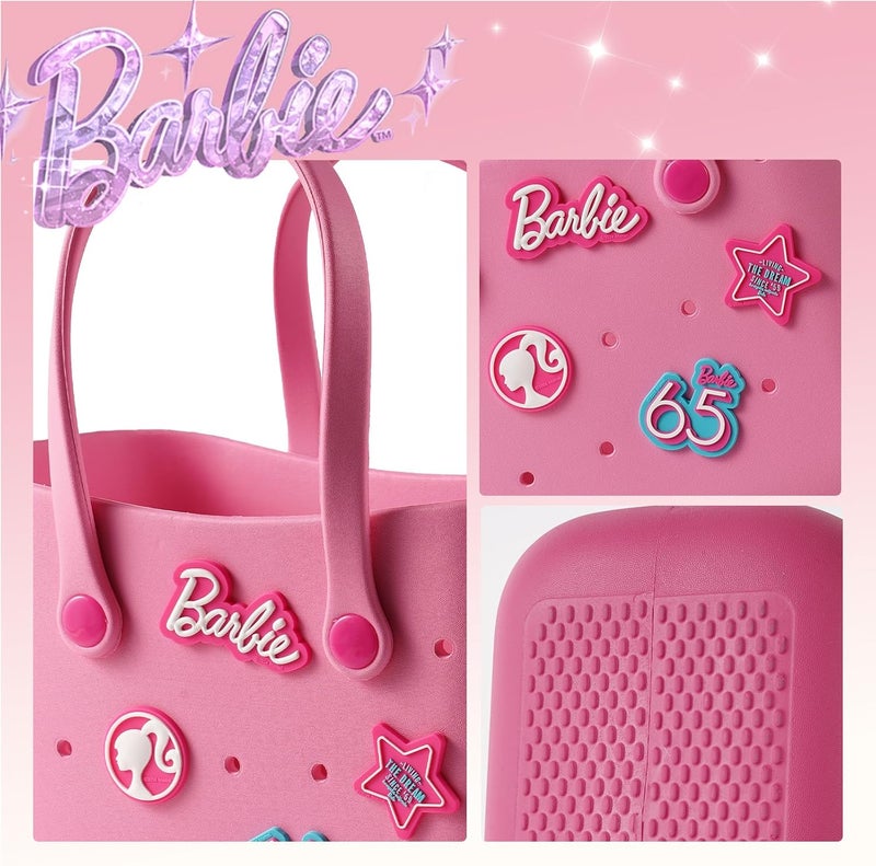 Miniso Barbie Tote Bag, Reusable Small Rubber Waterproof Bag, Cute Design Practical And Portable Handbag for Work Travel (PINK) - Image 4